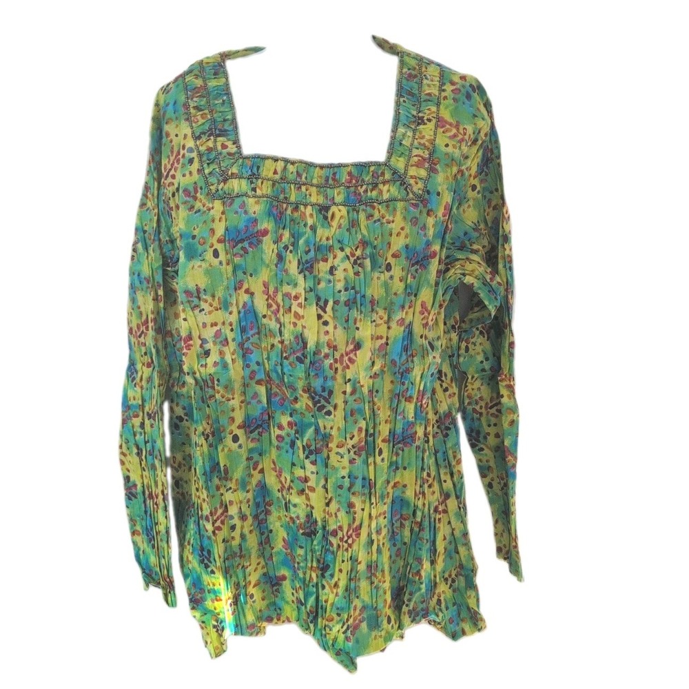 The Vermont Country Store Green Tie Dye Beaded Tunic Shirt 2X Cotton - New